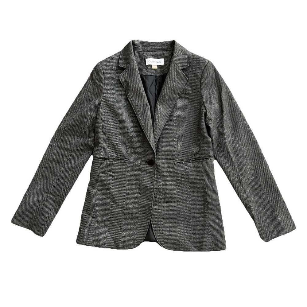 Calvin Klein Black Herringbone Career Office Blazer Womens Petite 6 Formal Wear